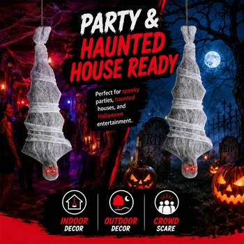 Scary Halloween Hanging Upside‑Down Zombie Mummy Decor, Electric Animated Prop with Red Light‑Up Eyes, Spooky Ornament for Garden Yard Haunted House Party Supplies 5