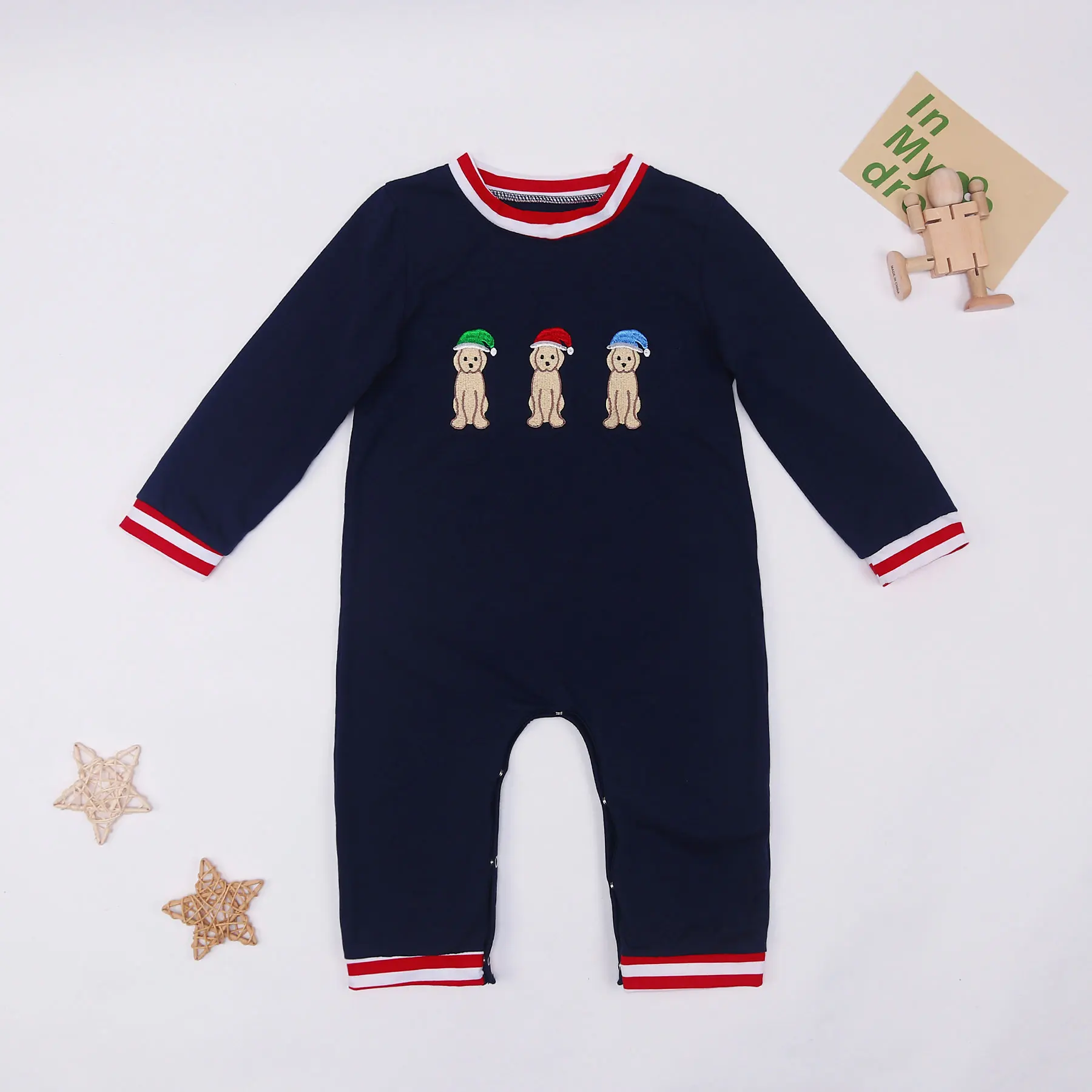 

New Born Fall Romper Long Sleeve Christmas Puppy Embroidery Baby Boys Clothes Kids One Piece Round Collar Children Jumpsuit