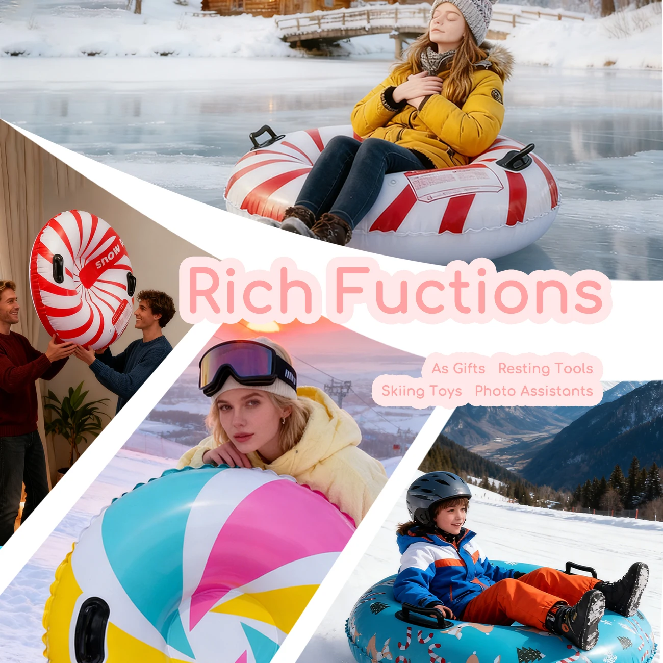 Inflatable Snow Tube for Adults, Christmas Snow Sled with Handles and Heavy Duty Bottom, Fun Winter Outdoor Gifts for Sledding