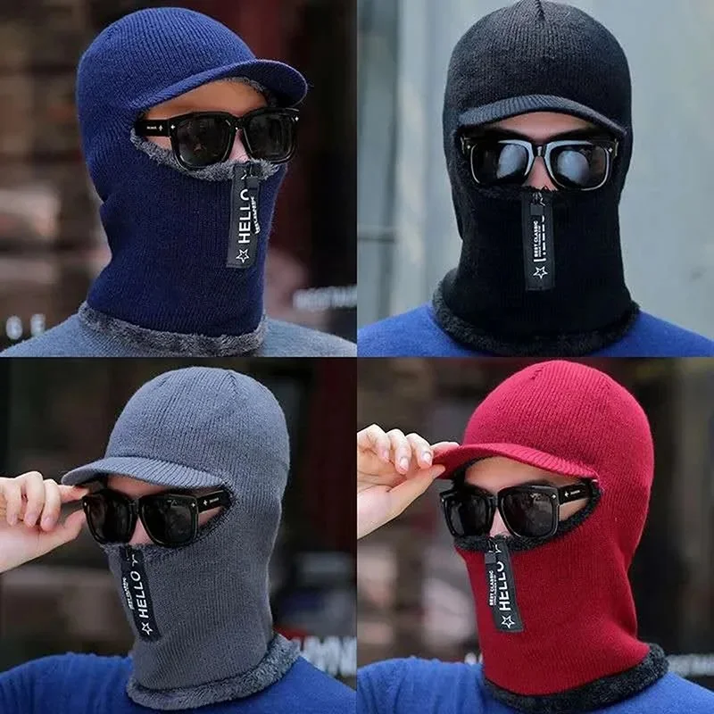 AliExpress Men Winter Knitted Hat With Zipper Outdoor Face Ear Protection Warm Thick Bicycle Cap Scarf Windproof Visors Cap Balaclava Cap