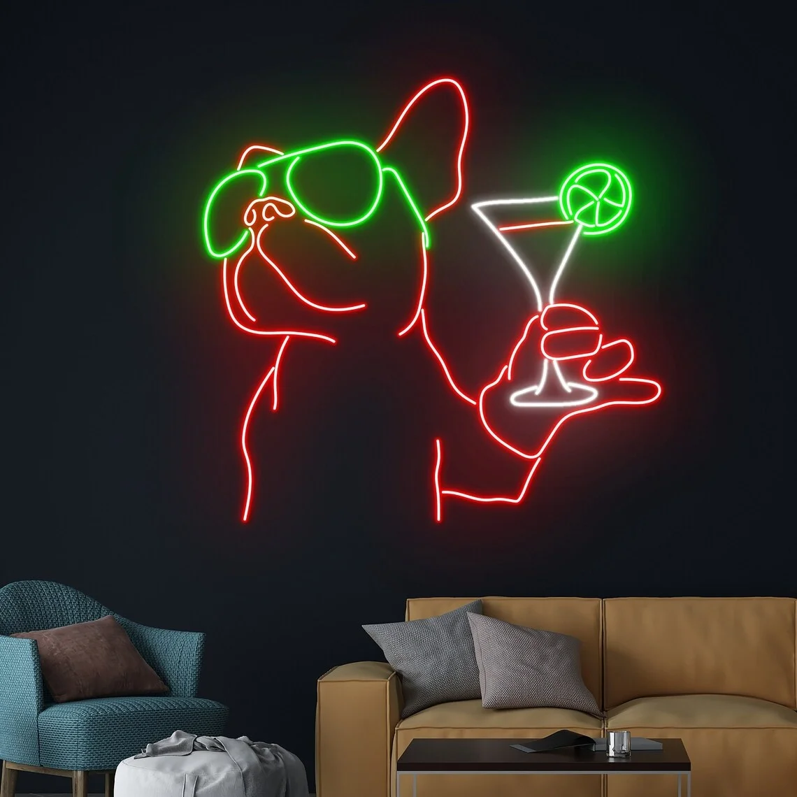 French Bulldog Cocktail Neon Sign French Bulldog Drink Neon Bull Dog Wine Neon Sign Bulldog Dog Neon Bar Room Wall Decor