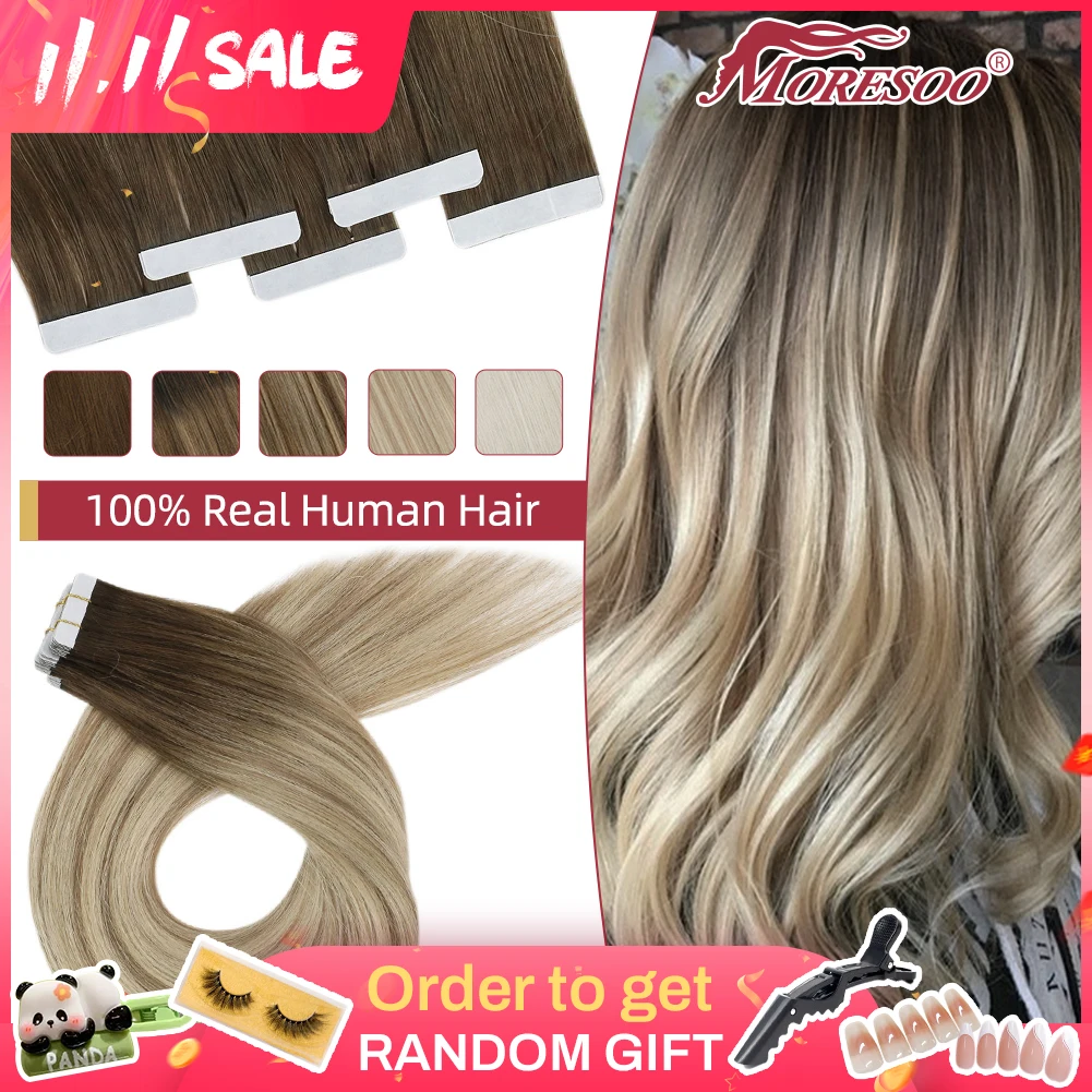 

Moresoo Virgin Tape in Hair Extensions 100% Real Human Hair 2.5g/pcs Natural Straight High Quality 12 Months Hair Tape ins