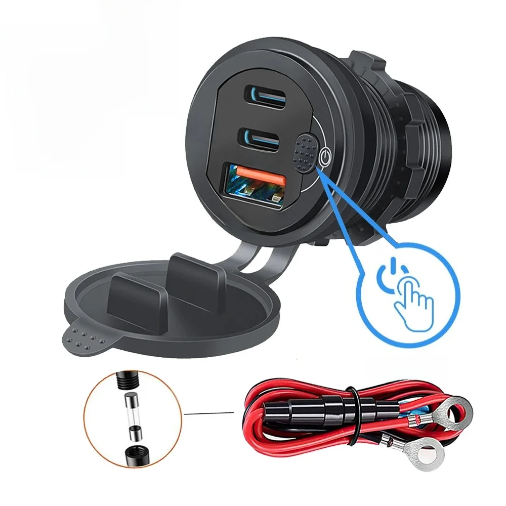 Ładowarka samochodowa 115 W QC3.0 i PD Typ C Trzy gniazda ładowarki samochodowej USB z przełącznikiem woltomierza Aluminiowy metalowy adapter szybkiego ładowania — zdjęcie 2