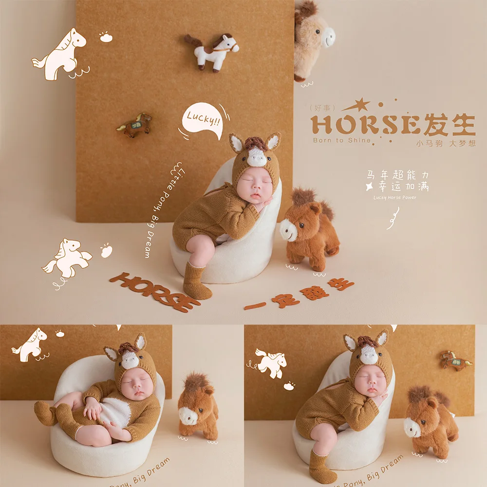 Lucky Horse Baby Photography Props Cute Baby Horse Styling Costume Set Adorable Animal Theme Stuffed Pony Dolls for Studio Shoot