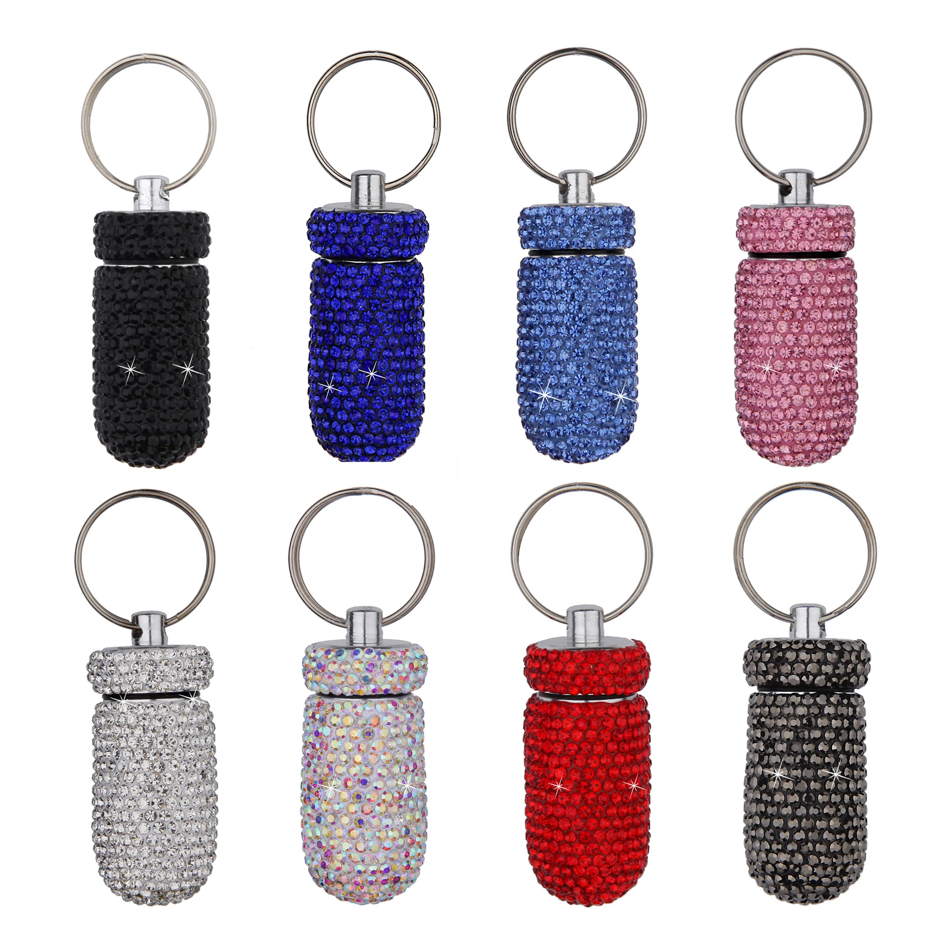 Mini Bling Diamond Pill Case Medicine Storage Box Organizer Bottle with Keyring Portable Metal Rhinestone Pill Box for Travel