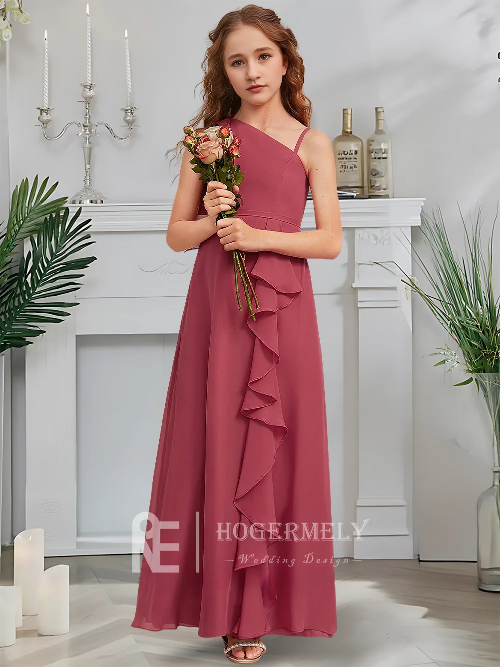 B Роскошное трапециевидное платье для подружки невесты, платье с цветочным узором для девочек, шифоновое платье длиной до пола, асимметричный стиль, идеально подходящее для вечеринки для девочек