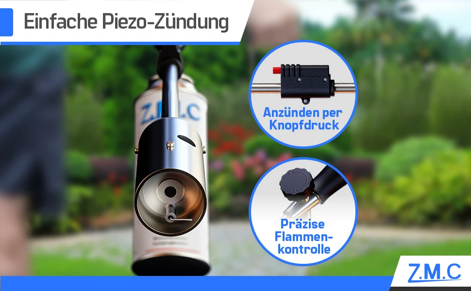 ZMC Unkrautbrenner 2,5 kW mit Piezo-Zündung, Abflammgerät & Unkrautvernichter bis 1400 °C, geeignet für Garten, Hof und Gehwege, inklusive 4x 227g Gaskartuschen für flexiblen Einsatz – Detail 2