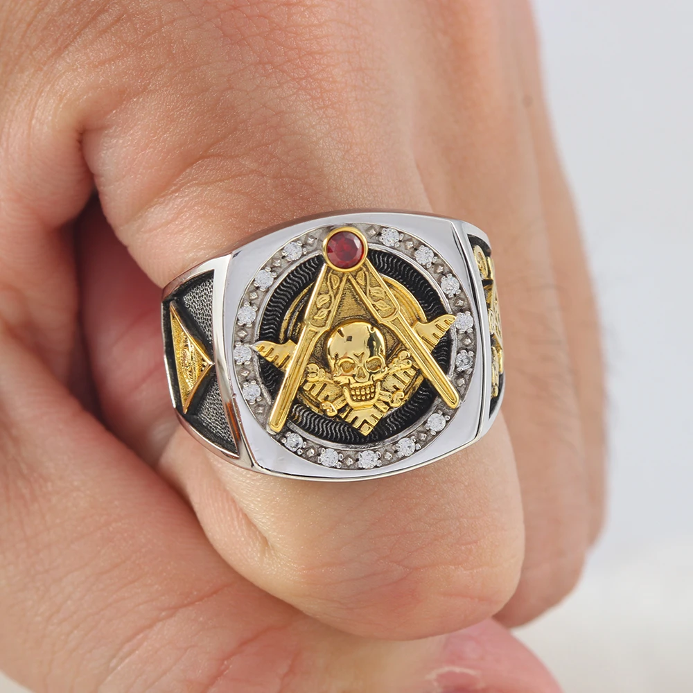 Masonic Skull And Bones Biker Freemason Sun Moon Illuminati Sterling Silver Ring