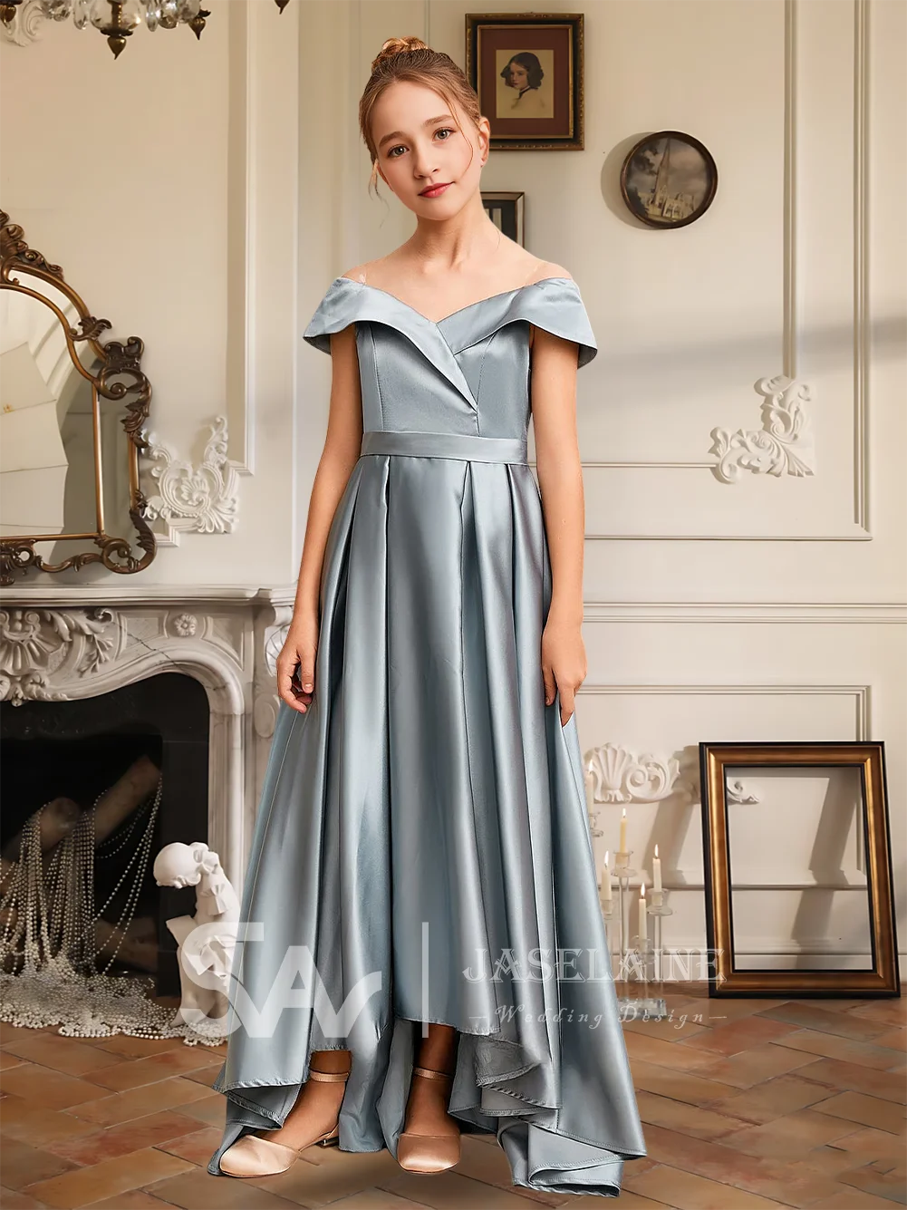 ชุดเจ้าหญิงสำหรับเด็กชุดเพื่อนเจ้าสาวยูนิเซอร์ชุดปิดไหล่ไม่สมมาตรซาตินชุดสาวดอกไม้งานแต่งงานอย่างเป็นทางการพิเศษ