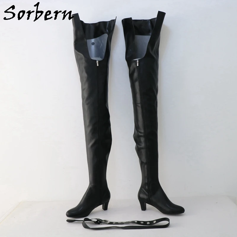 Sorbern Black Matt Boots With Belt Block Heels 6Cm Chunky Heeled 85 Cm Inside Crotch Thigh High 115 Cm Outside Long Boot