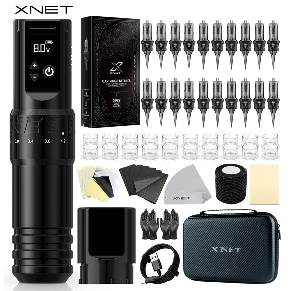 XNET T1 Wireless Tattoo Machine Pen Full Completed Kit Adjustable Stroke Custom Motor Makeup Pen 20pcs Cartridges For Tattoo Art