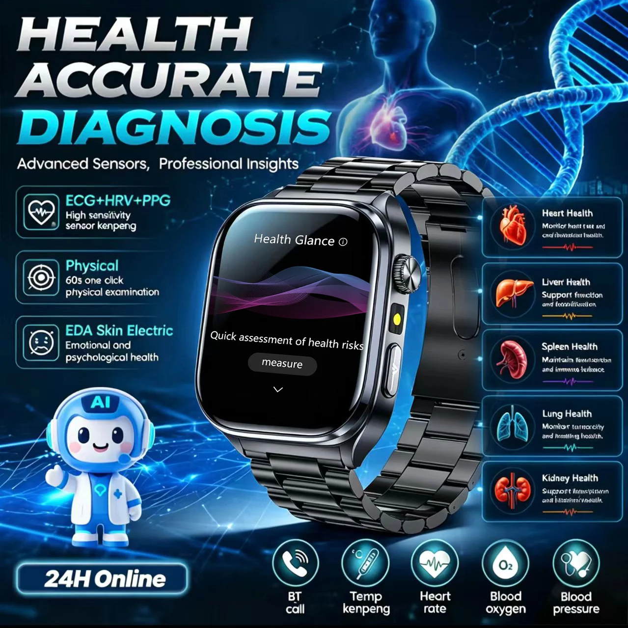 New ECG+PPG Analysis Health Blood Oxygen Smart Watch Accurate detection Body Fat Uric Acid Blood Pressure care ecg smartwatch
