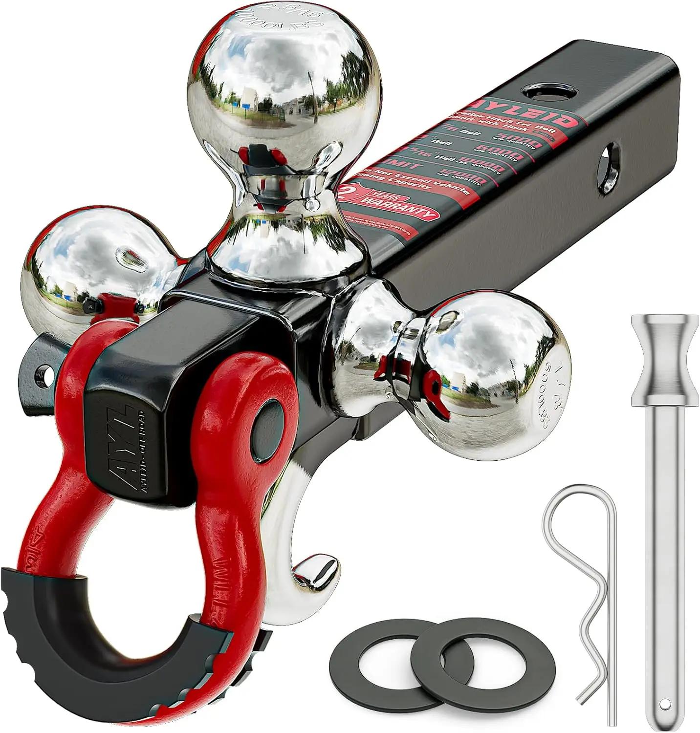 Trailer Hitch Tri-Ball Mount with Hook&Pin&Rotatable Tow Shackle,Fits 2-in Receiver with 1-7/8-in,2-in,2-5/16-in Hitch Ball
