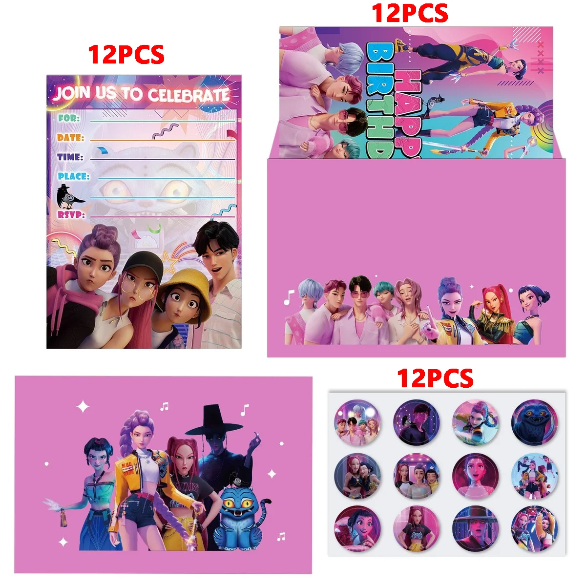 12Pcs Kpop Demon Hunters Invitation Cards - HUNTR/X Rumi Mira Zoey Birthday Party Greeting Cards Set, Anime Theme Event Supplies