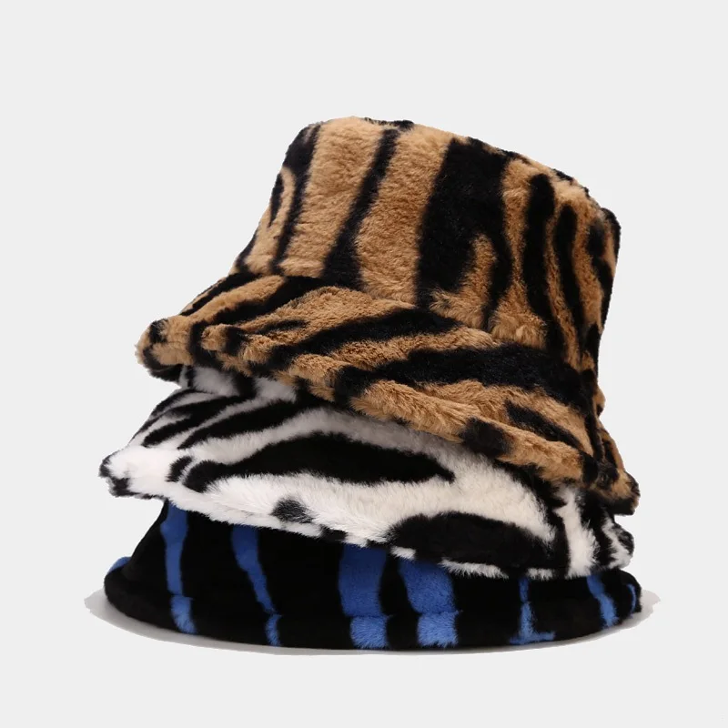 Faux Fur Zebra Print Bucket Hat women Autumn winter Leopard print fisherman hat girl Versatile stripes caps панама женская버킷햇