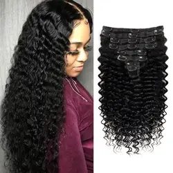 Extensiones de cabello humano virgen brasileño para mujer, pelo Remy de onda profunda con Clip, 8 piezas