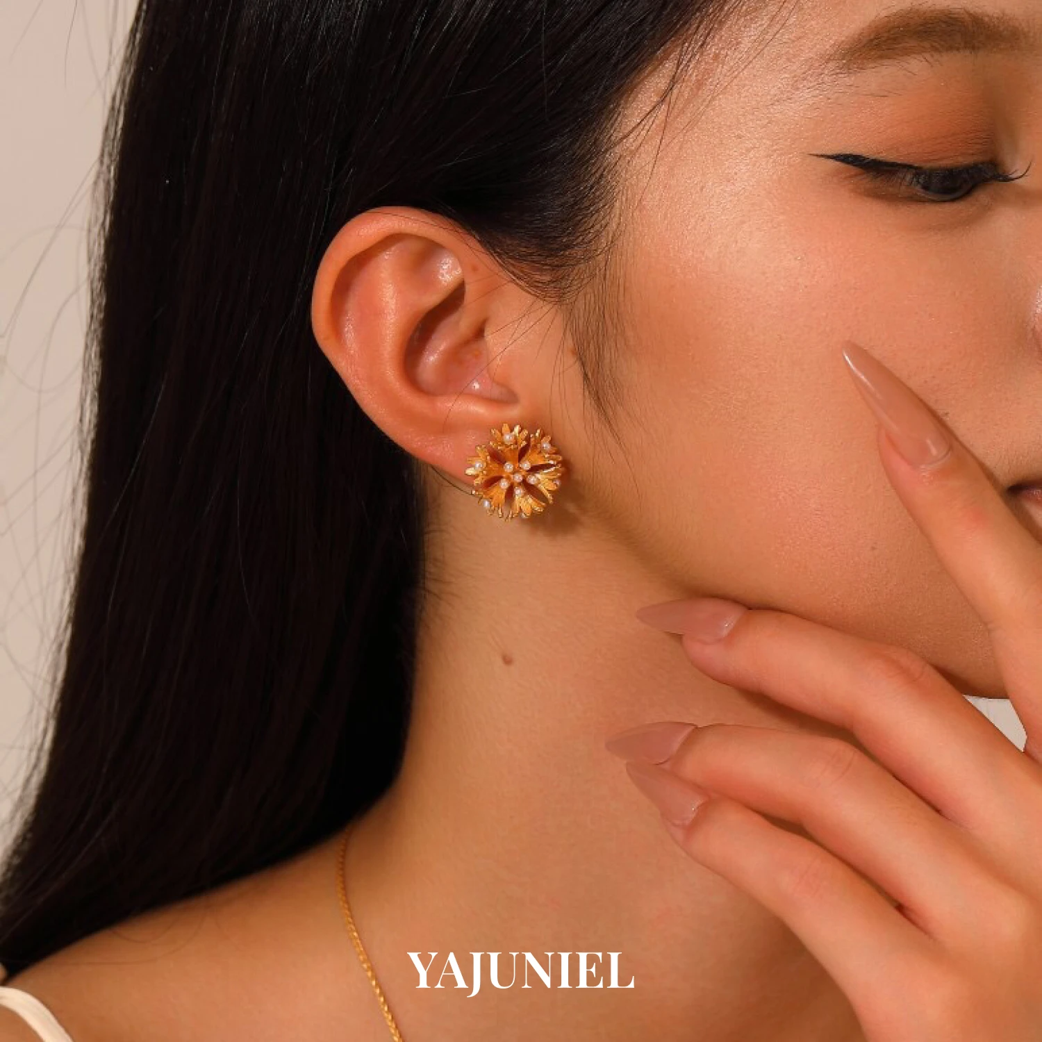 YAJUNIEL Floral Natural Pearl Stud Earrings for Women 24K Gold Plated Hypoallergenic Brass Textured Flower Cluster Earrings