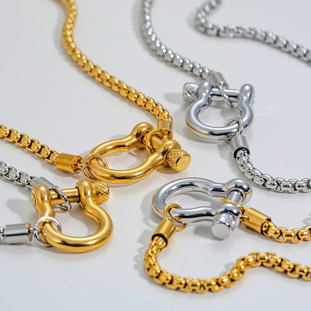 

Men Women Box Chain Necklace with U Buckle Clasp 45cm Gold Silver Stainless Steel Jewelry Gift