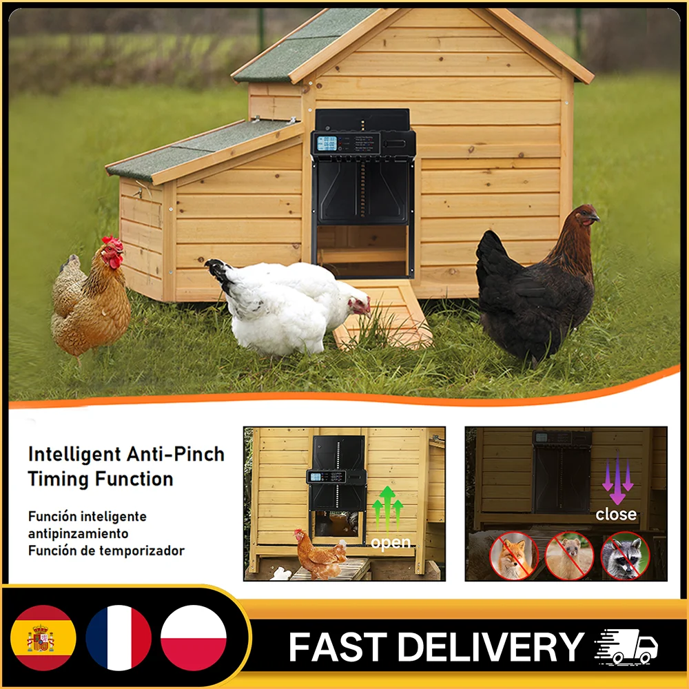 Puerta Automática para Gallinero, con Batería, de Aleación de Aluminio, con Temporizador, Sensor de Luz, Anti-Pellizcos, Resistente a la Intemperie