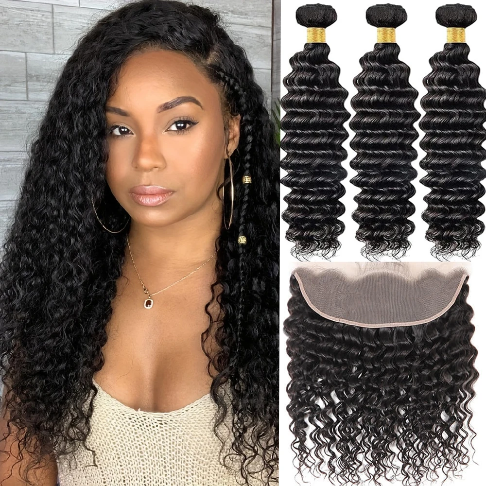 Deep Wave Human Hair 3 Bundles with 13x4 Frontal 100% Unprocessed Human Hair Lace Frontal with Bundle Deep Curly Wave 3 Bundles