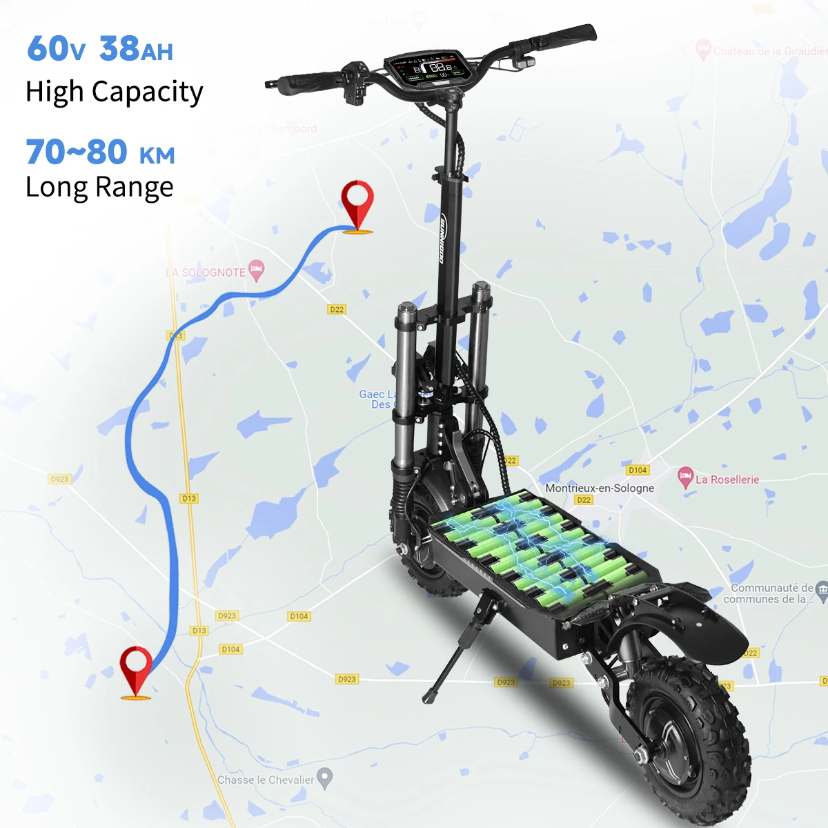 6000 W leistungsstarker Elektroroller, 60 V, 38 Ah, Höchstgeschwindigkeit 85 km/h, 100 km Reichweite, 11-Zoll-Reifen, doppelter stoßdämpfender, zusammenklappbarer EScooter für Erwachsene – Detail 3