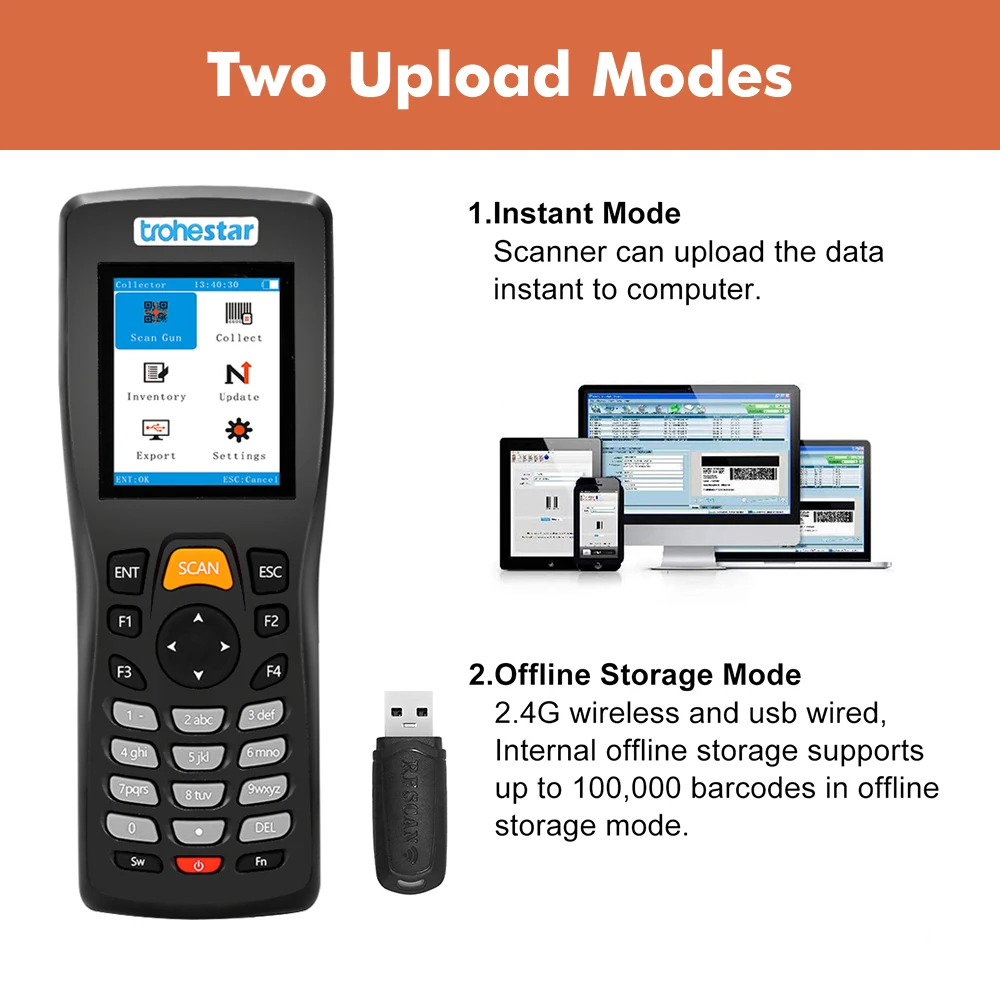 Trohestar Wireless Barcode Scanner 1D 2D Bar Code Reader Inventory Counter Data Collector PDA QR Scanners leitor codigo barras