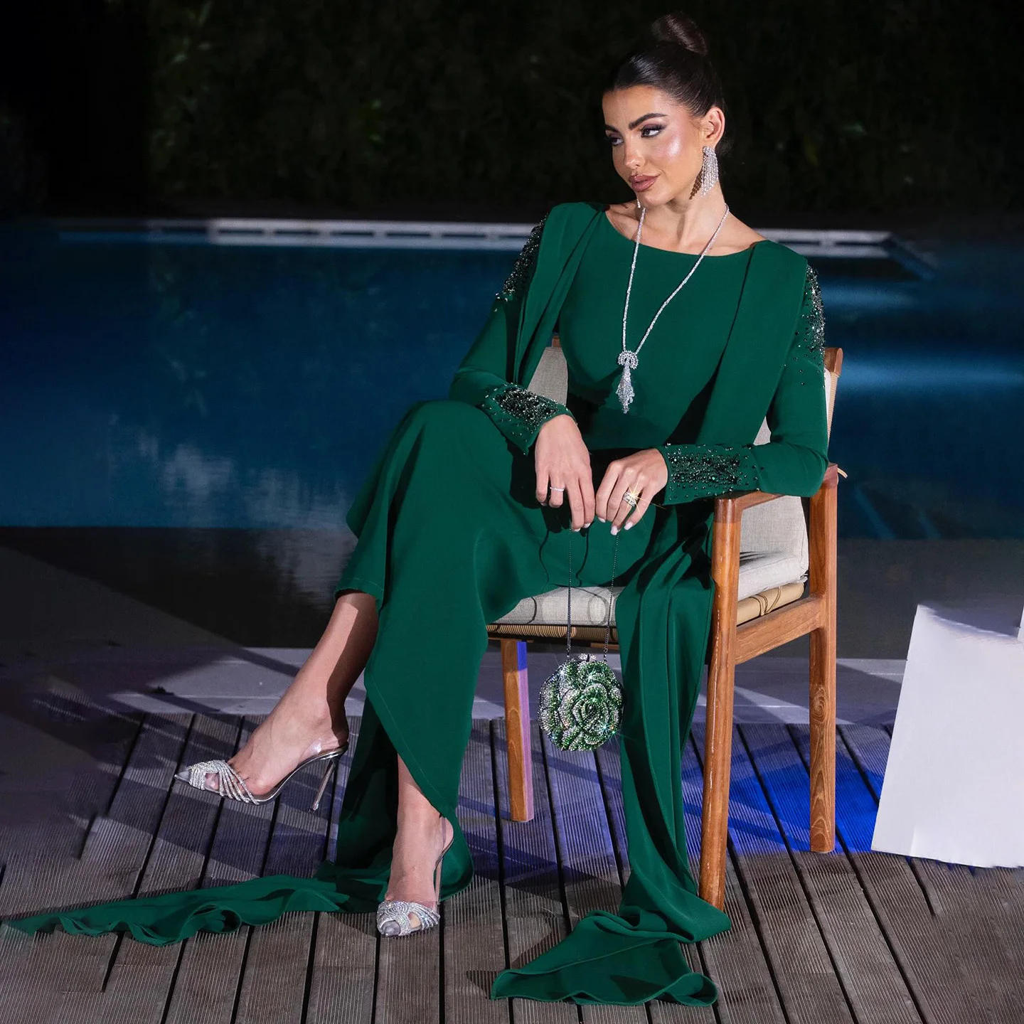 

Sharon Said Scoop Neck Cape Green Evening Dress with Long Sleeves Crystal Beading for Woman Wedding Arabic SF464 Customized