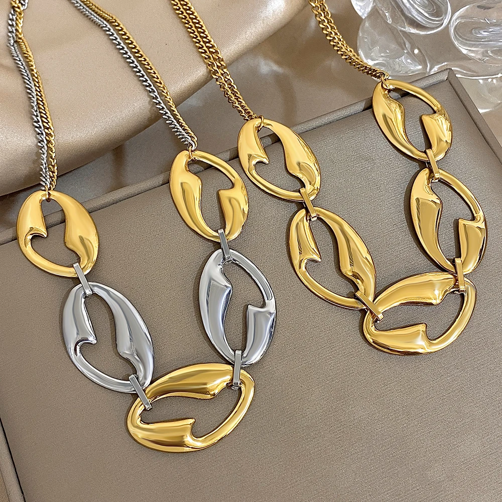 Freetry Creative T-shaped Hollow Out Oval Choker Necklace for Women Glossy Waterproof Stainless Steel Golden Necklace Jewelry