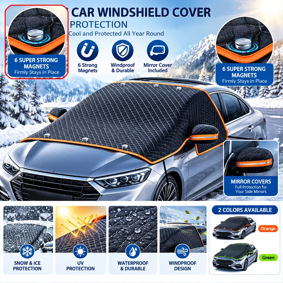 Car Windshield Snow Cover with 6 Strong Magnets, Thickened Edge Frost Ice UV Sun Shade with Reflective Strips Mirror Covers