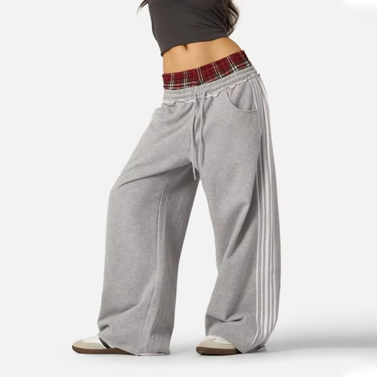 Retro Damenhose, locker geschnitten, im zweiteiligen Look, mit doppeltem Bund und Streifen, Frühjahr 2026, modische Freizeit- und Büro-Langhose – Detail 3