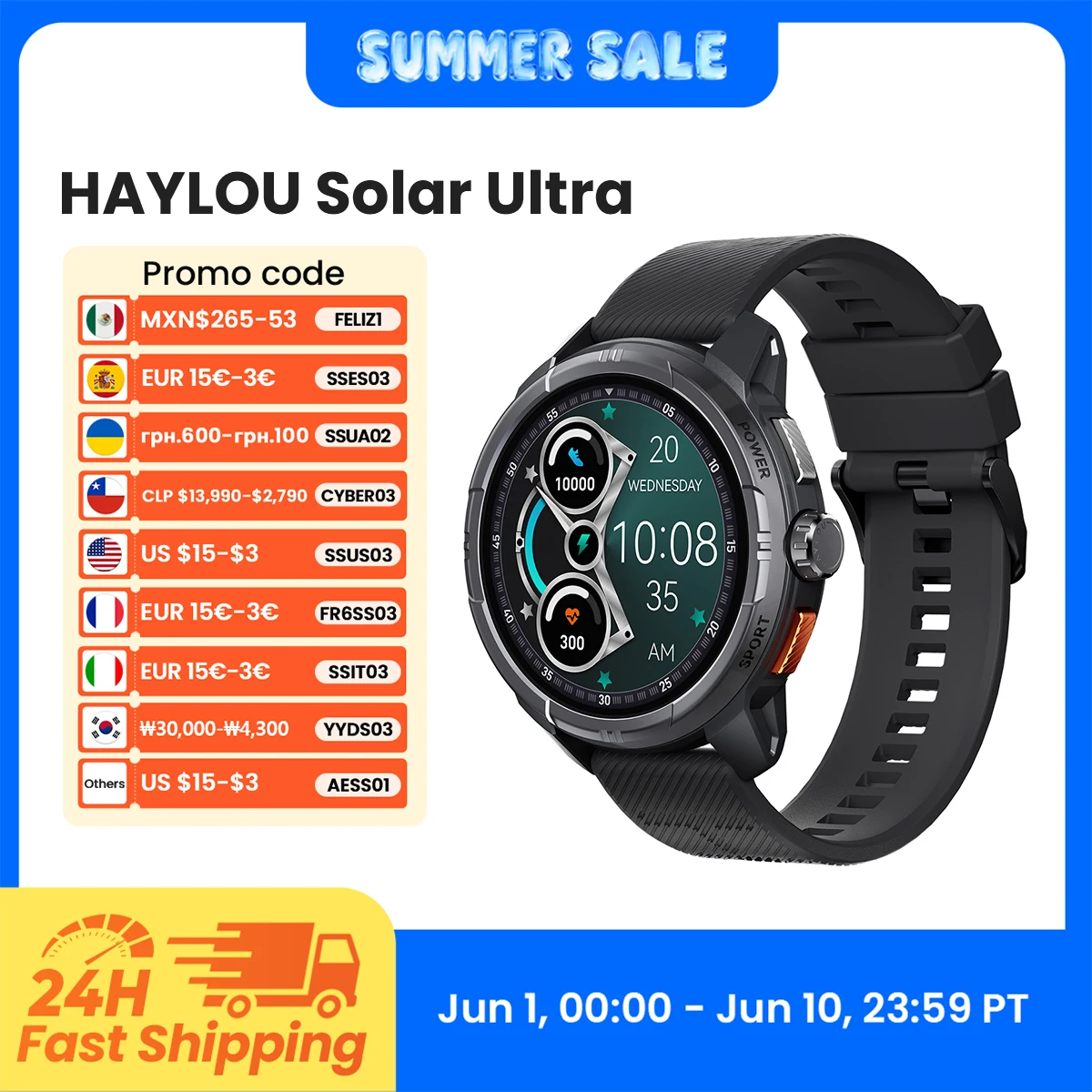 HAYLOU Solar Ultra GPS Smartwatch, écran AMOLED 1.6 ", 5 iko, étanche, GPS intégré, Bluetooth, appels téléphoniques, montre inte