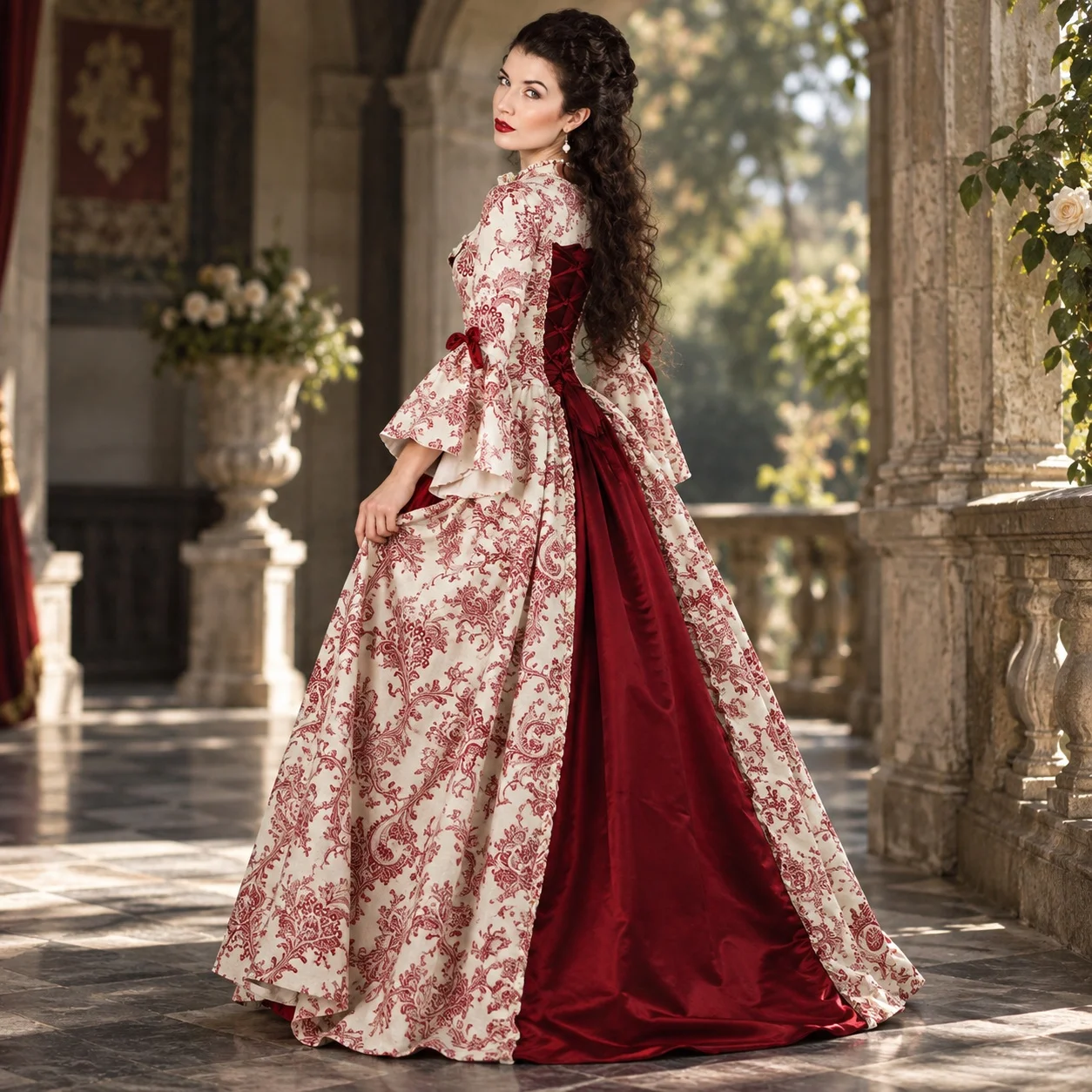Dresses - プリント柄の長袖、ハイウエスト、レトロなデザインの、ホルターネック、ボヘミアン調の、部族模様が施された、マキシ丈の、床まで届く、文学的な雰囲気のイブニングドレス。