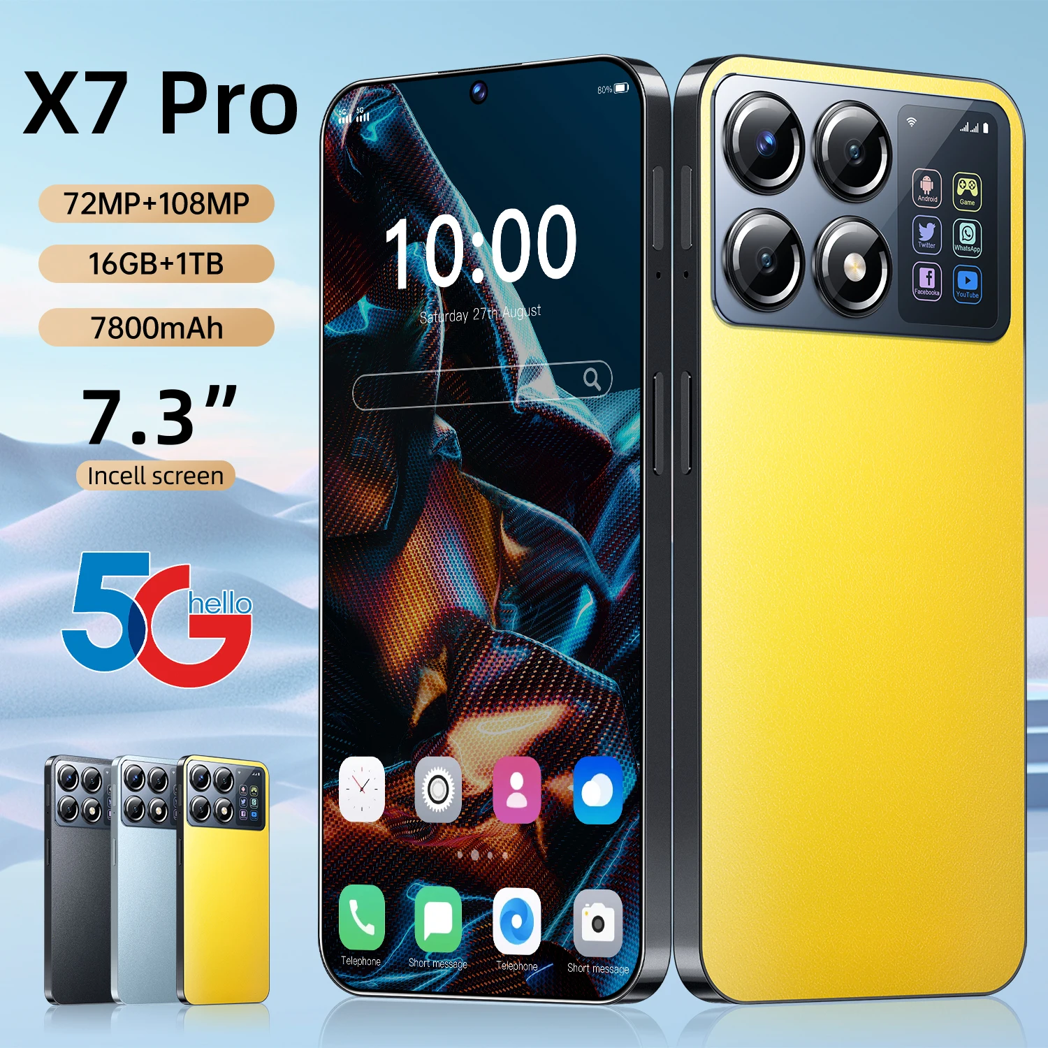 2024 New Global Version X7 Pro Cellphones 7.3inch HD 16G+1T smartphone 5g 7800mAh Battery 72+108MP Camera Original Mobile Phones