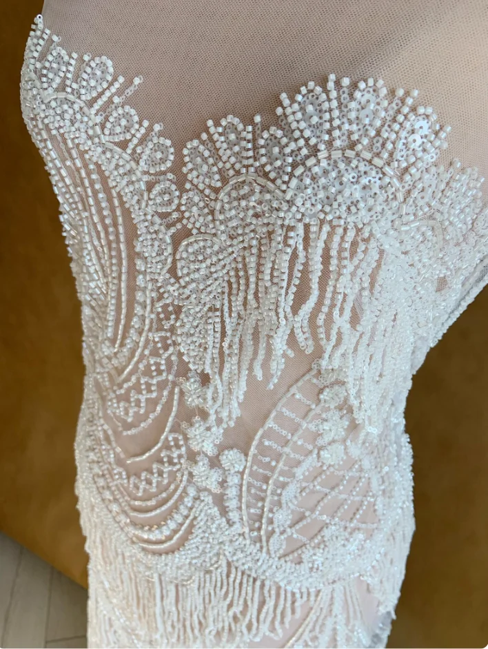 

Белая тюлевая ткань с бисером и бахромой для свадебного платья, роскошный кружевной материал с пайетками для свадебного наряда, DIY
