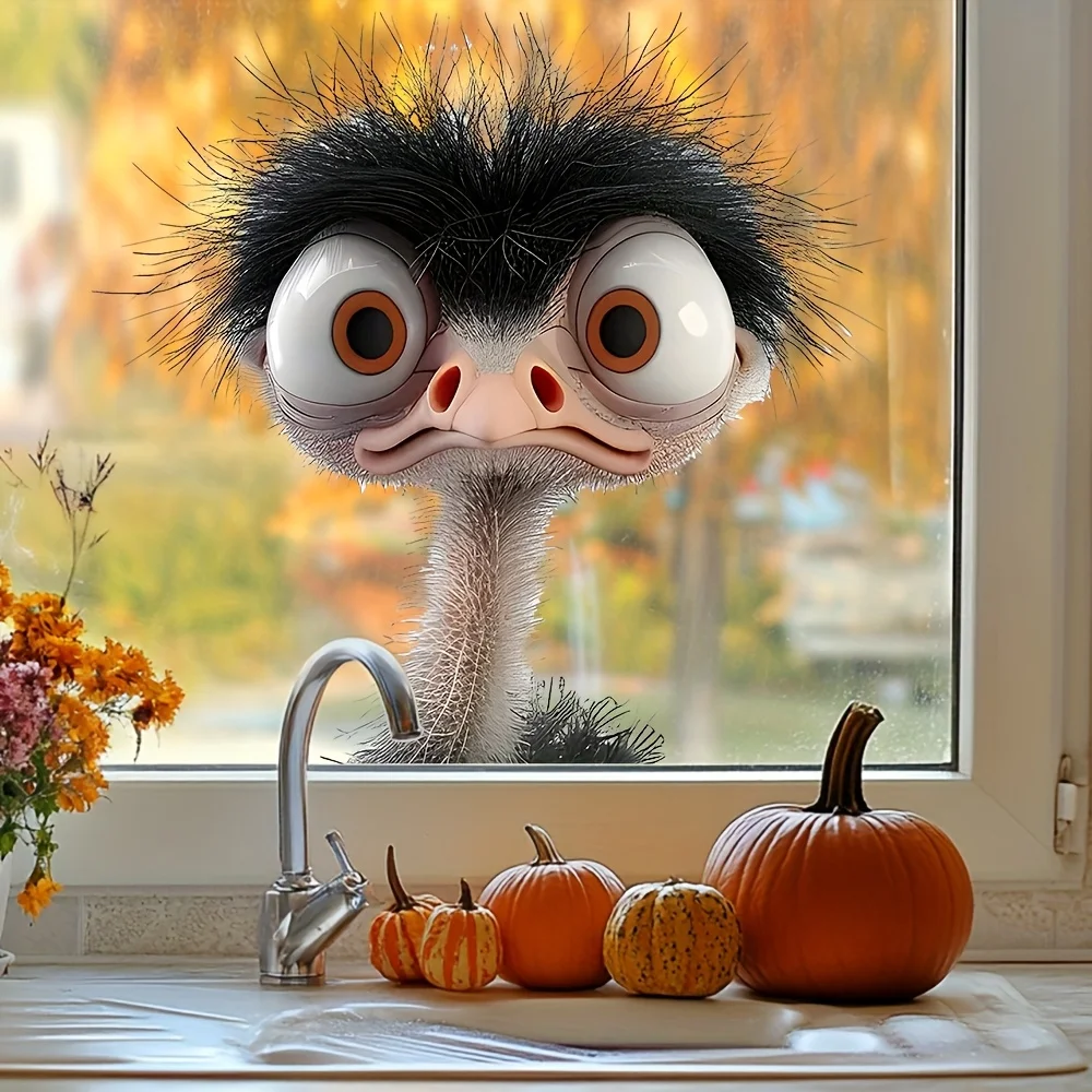 1Pc Humorous Big-Eyed Ostrich Window Sticker, Self-Adhesive Pvc Home Decoration DIY Sticker, Suitable for Cabinets, Living Room, Bedroom, Dining Room, Bathroom, Entryway, Doors and Windows, and Wall Decals, Easily Create a Warm and Fun Space, a Creative and Thoughtful Gift for Family, Friends, and Loved Ones