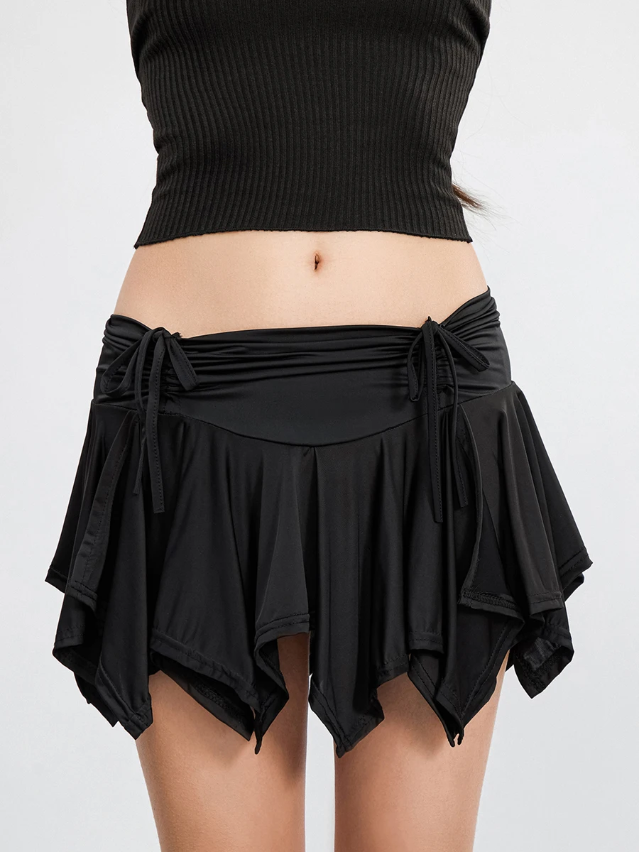 Women Solid Color Gothic Punk Irregular Skirts Summer Fashion Drawstring Tie-Up Ruched Ruffles Mini Skirt Black/White