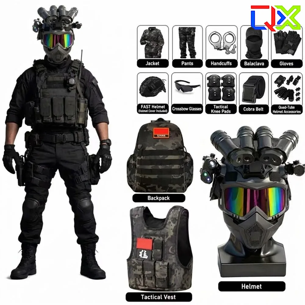 QX Tactical Kids Camouflage Uniform Outdoor Combat Suit Long Sleeve Clothing Set Children Camping Training Hunting Accessories