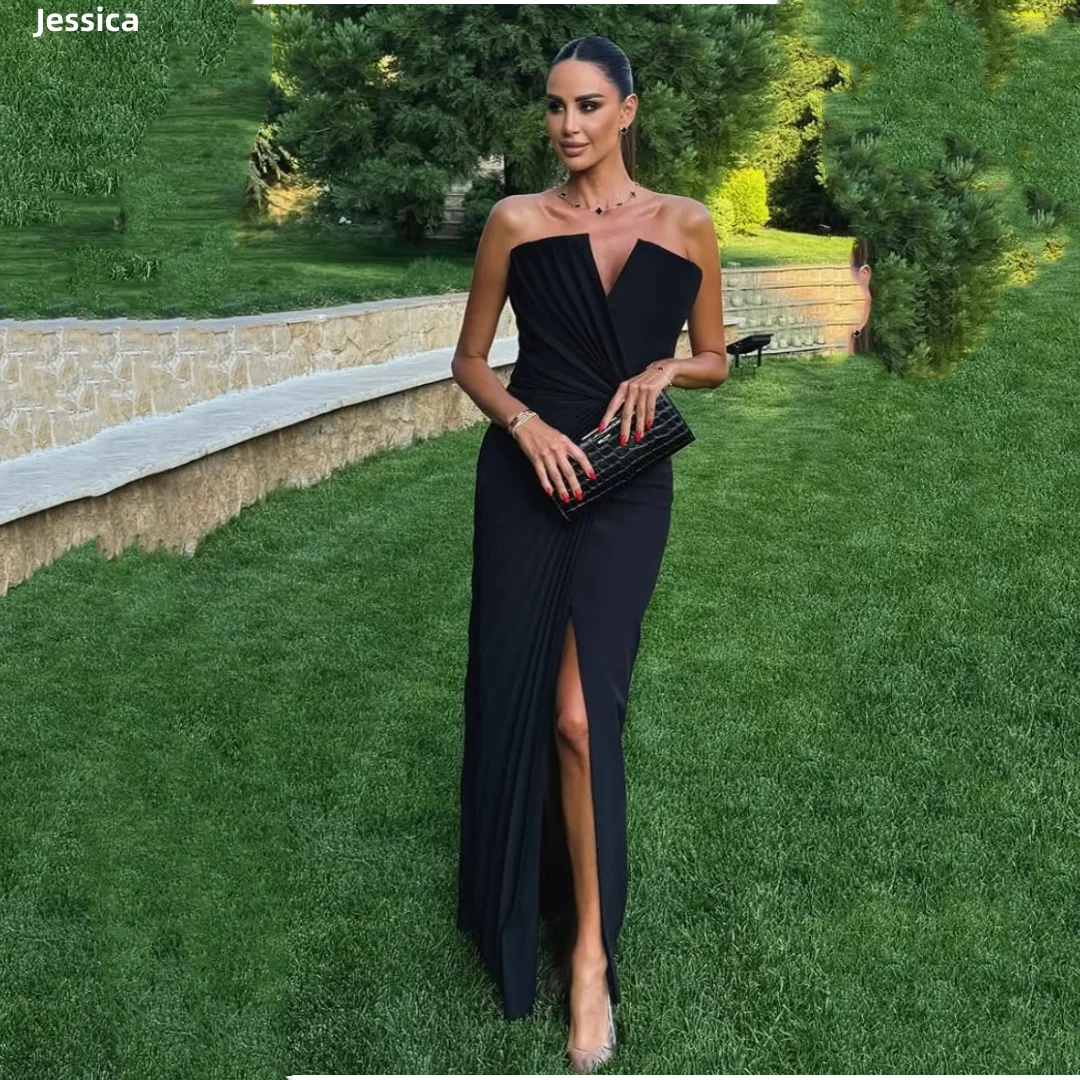 

Jessica Black Evening Dresses Sexy Off-shoulder Pleats Prom Dresses Side Slit Elegant Ladies Party Dresses Customized
