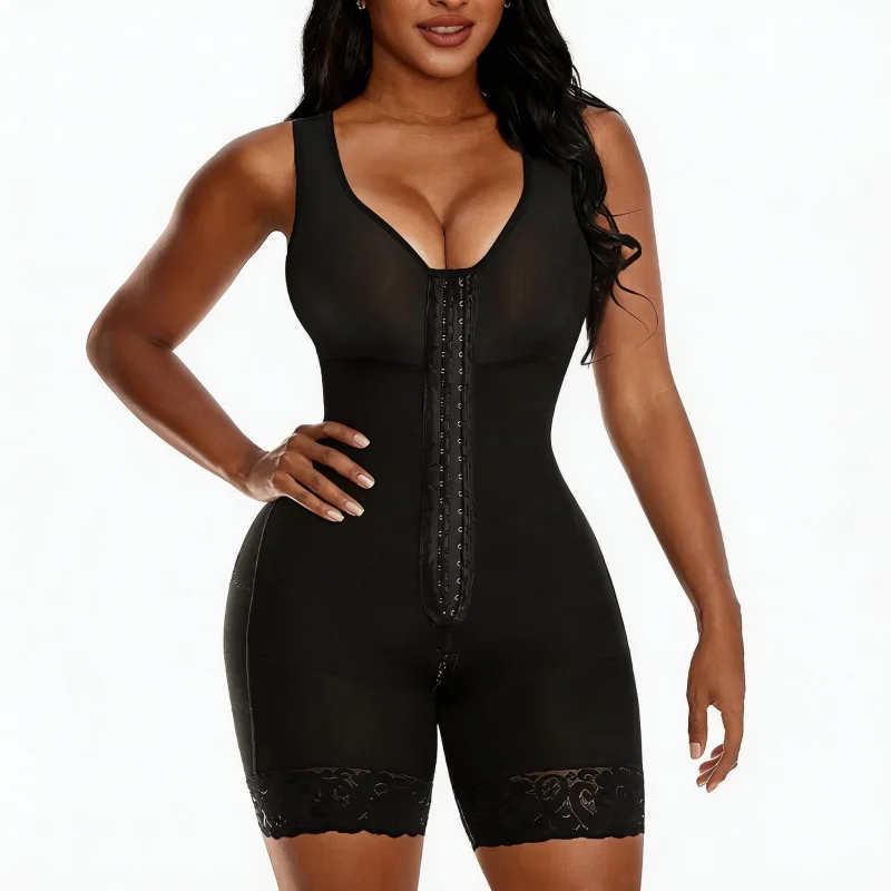 Plus Size Women Full Body Shaper Bodysuit Front Hooks Closure Tummy Control Butt Lifter Shapewear Lace Trim Sleeveless Slimming Compression Garment