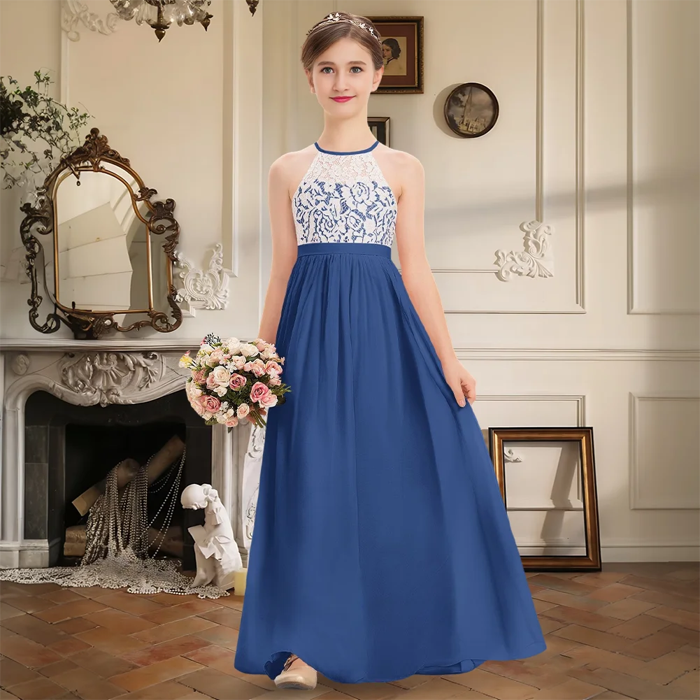 

Stylish Silver A-Line Halter Chiffon Lace Junior Bridesmaid Dresses Floor-Length Flower Girl Dress Girls Formal Wear Party