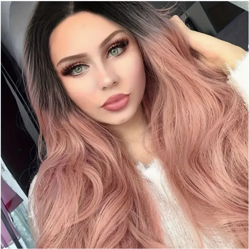   로즈 핑크 롱 웨이브 레이스 프론트 가발 - 풍성한 헤어 질감, 자연스러운 인모 가발, 접착제 없는 레이스 프론트 가발 코스프레 파티