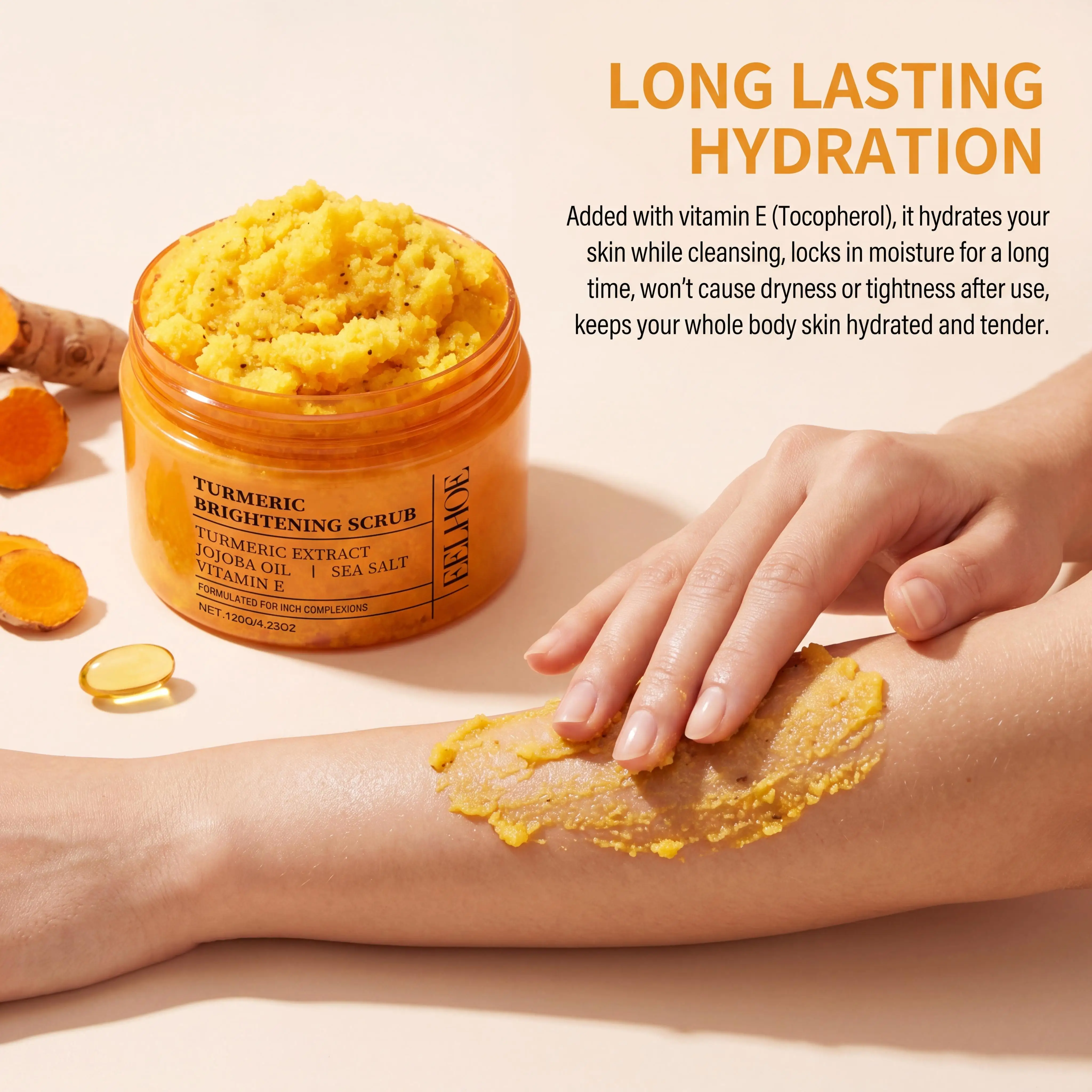 Vitamin E Turmeric Brightening Scrub Gentle Exfoliating Soft Moisturizing Smooth Glowing Restore Skin Hydration Body Treatment Skincare