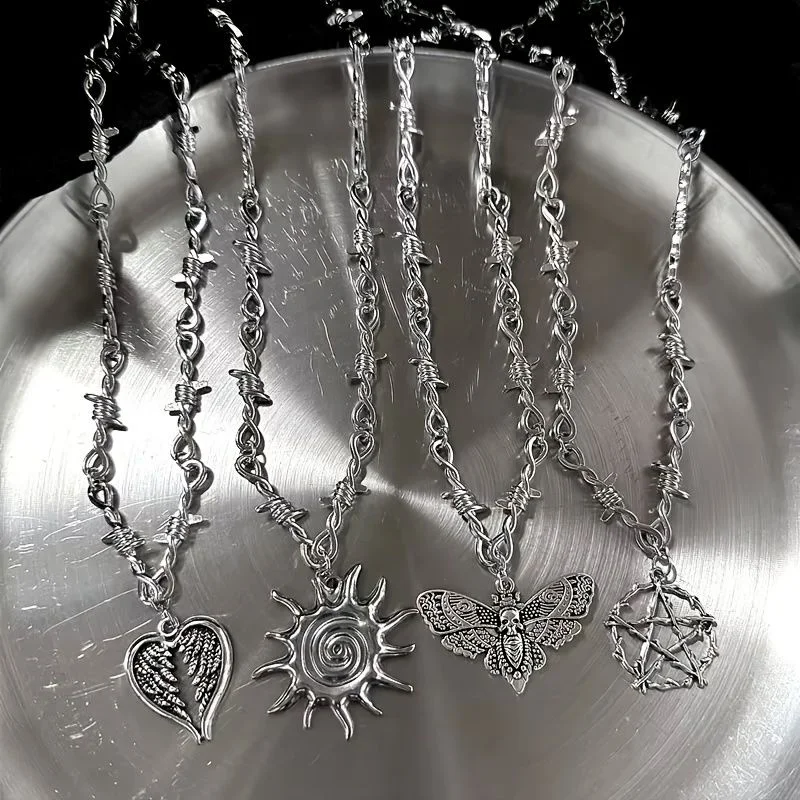 4Pcs Gothic Necklace Set, Silver Thorn Chain Feather Heart Spiral Sun Death Moth Pentagram Pendant Necklace Aesthetic Jewelry