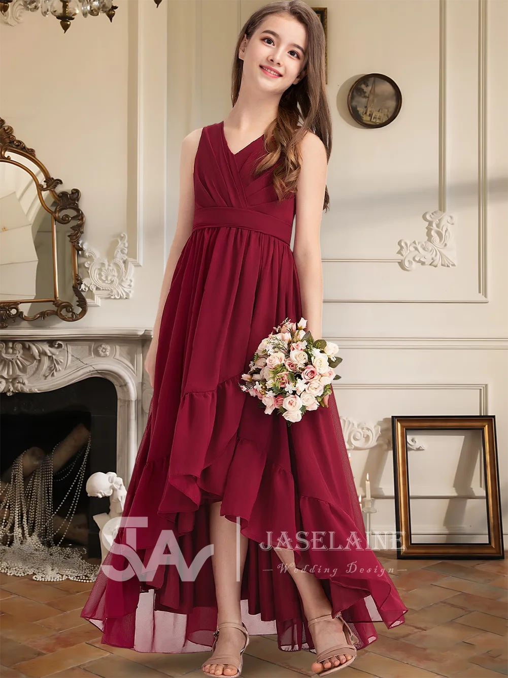 A Junior Bridesmaid Dress V-Neck A-Line Asymmetrical Chiffon Pleated Flower Girl Dress With Sash Back Wedding Party Formal Girls