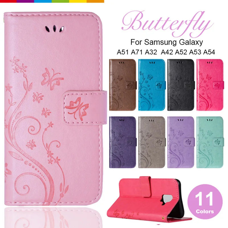 

Butterflies Pattern Flip Phone Case For Samsung Galaxy A51 A71 A32 A42 A52 A53 A54 Card Holder Back Cover