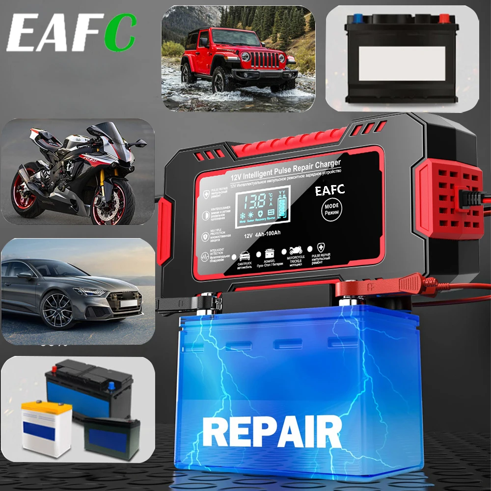 EAFC Autobatterie-Ladegerät, 12 V, 6 A, Impulsreparatur, LCD-Display, intelligentes schnelles Laden, AGM-GEL-Blei-Säure-Ladegerät für Auto und Motorrad