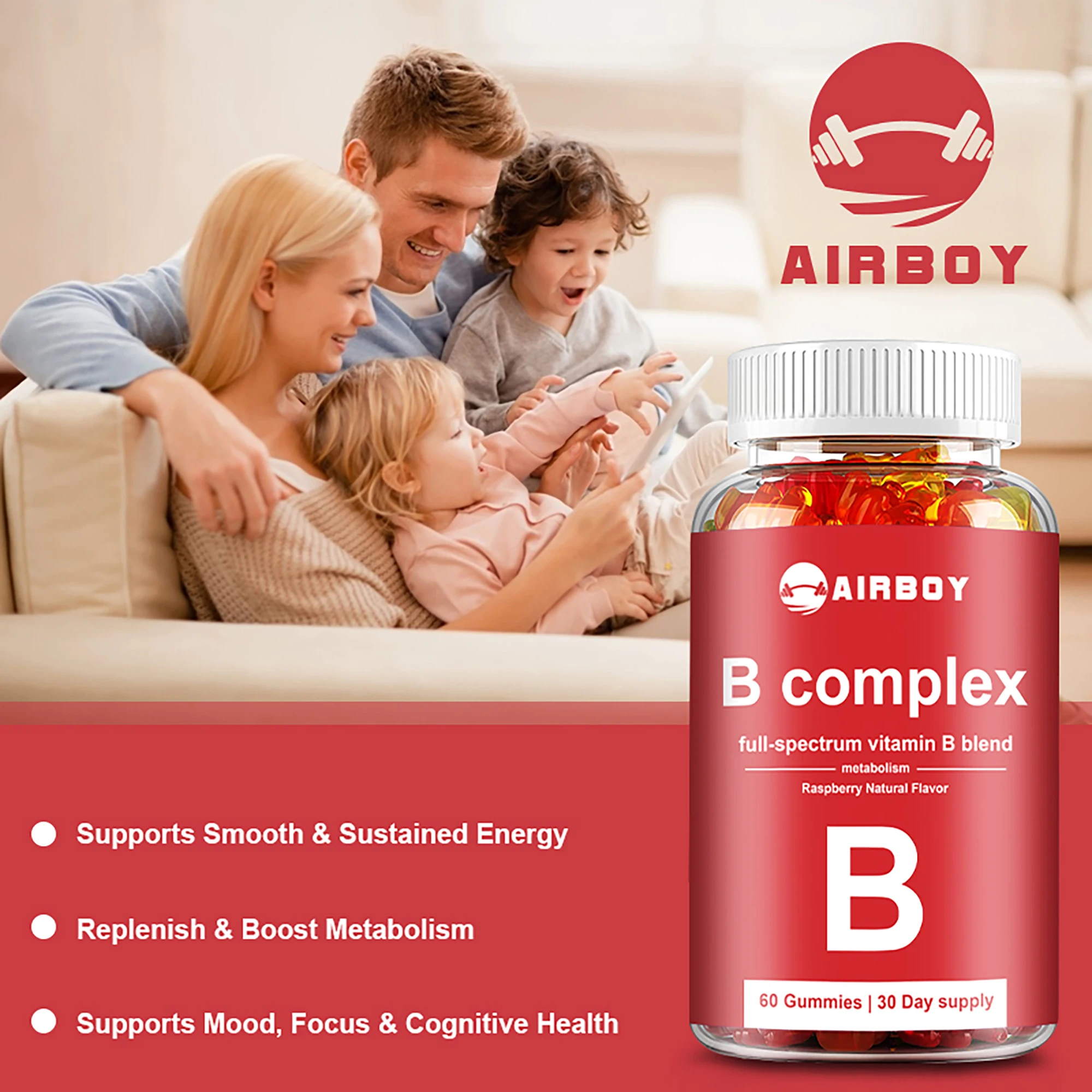 Complexo vitamínico B-Boost Energy, Aumente o metabolismo, Melhore o humor, Alivie o estresse, 60 gomas