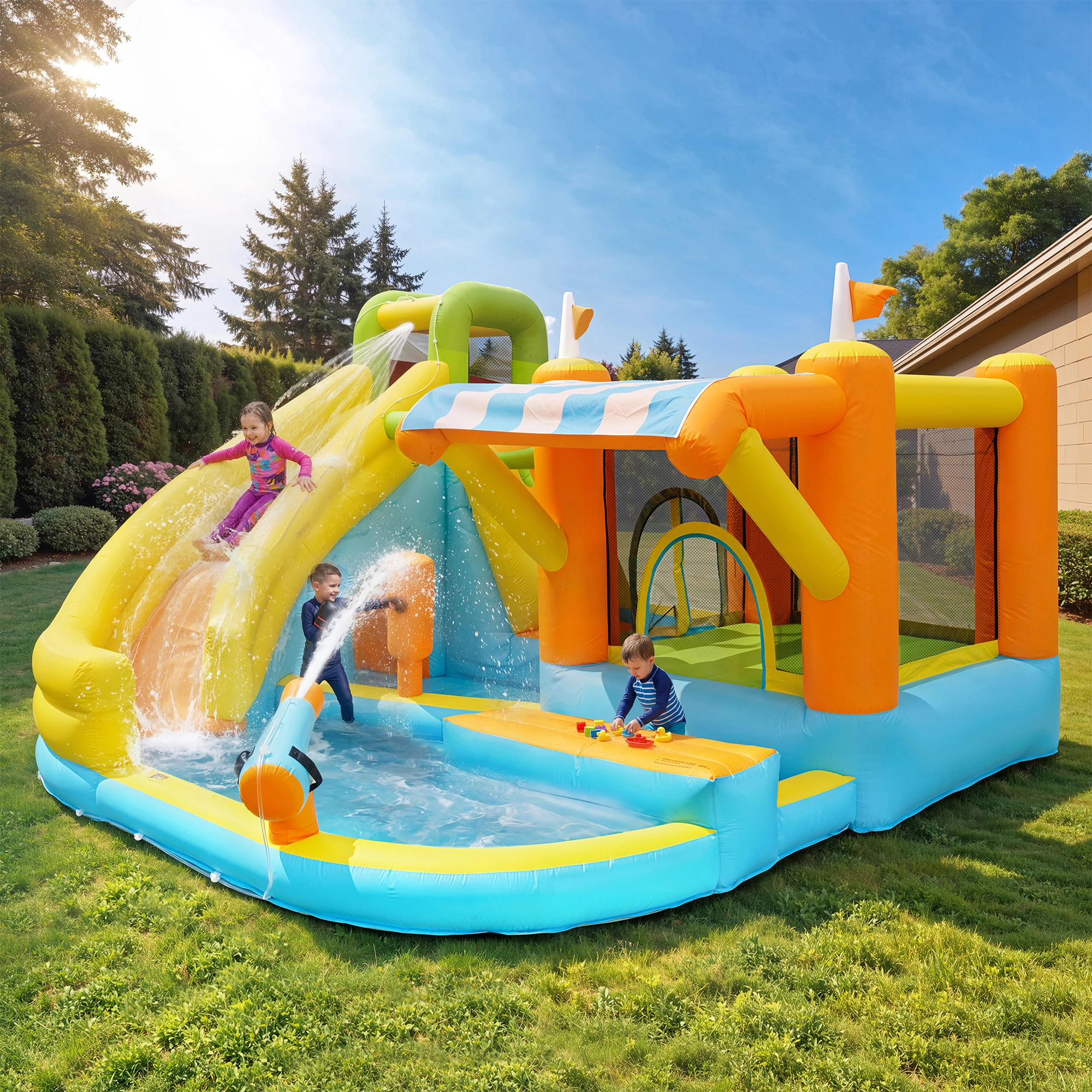 Parque Acuático Inflable para Niños, con Piscina, Castillo Inflable para Jardín, con Bomba de Aire, Tamaño Inflable: 433*165 cm