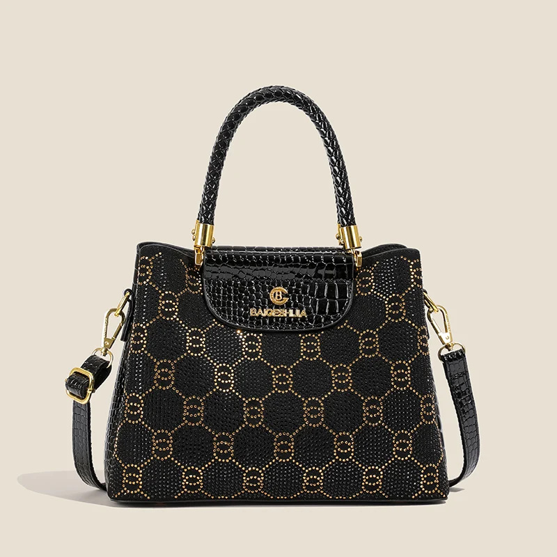 Borsa di design nera di lusso - Borsa elegante da donna con accenti dorati - Borsa a tracolla in pelle PU con motivo coccodrillo - Perfetta per