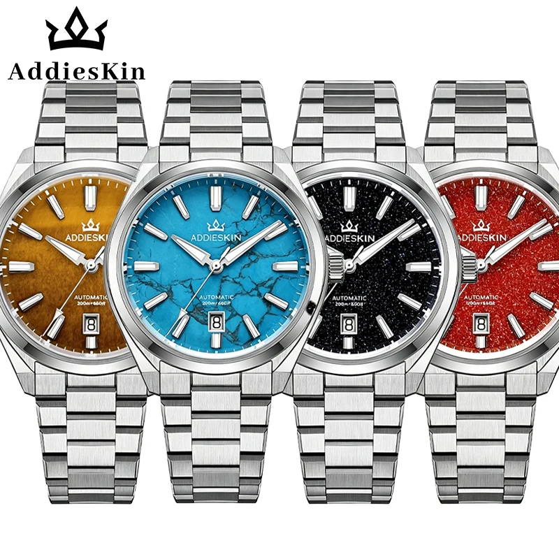 ADDIESKIN K010 Men's Automatic Watch Natural Stone Dial Tiger Eye Turquoise Goldstone Sapphire Crystal Miyota 9015 BGW9 Luminous